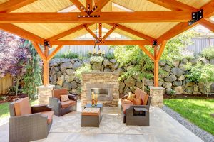 For luxury homes, exterior covered patio with fireplace and furniture. Exterior covered patio with fireplace and furniture are very desirable in today's luxury homes..